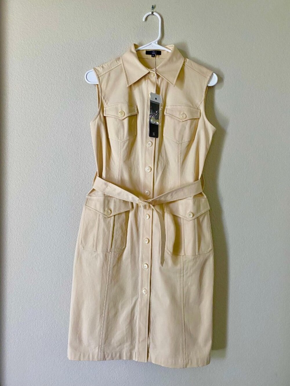 NWT Women's Zoe Italy Button Up Sleeveless Belted Midi Dress, Cream, Size 38